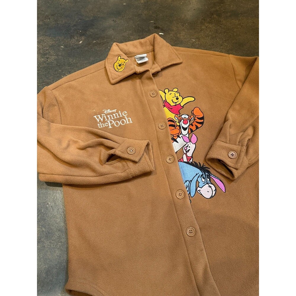 Disney Winnie Pooh Fleece Jacket Women XS Brown Button Front Cozy Graphic Logo